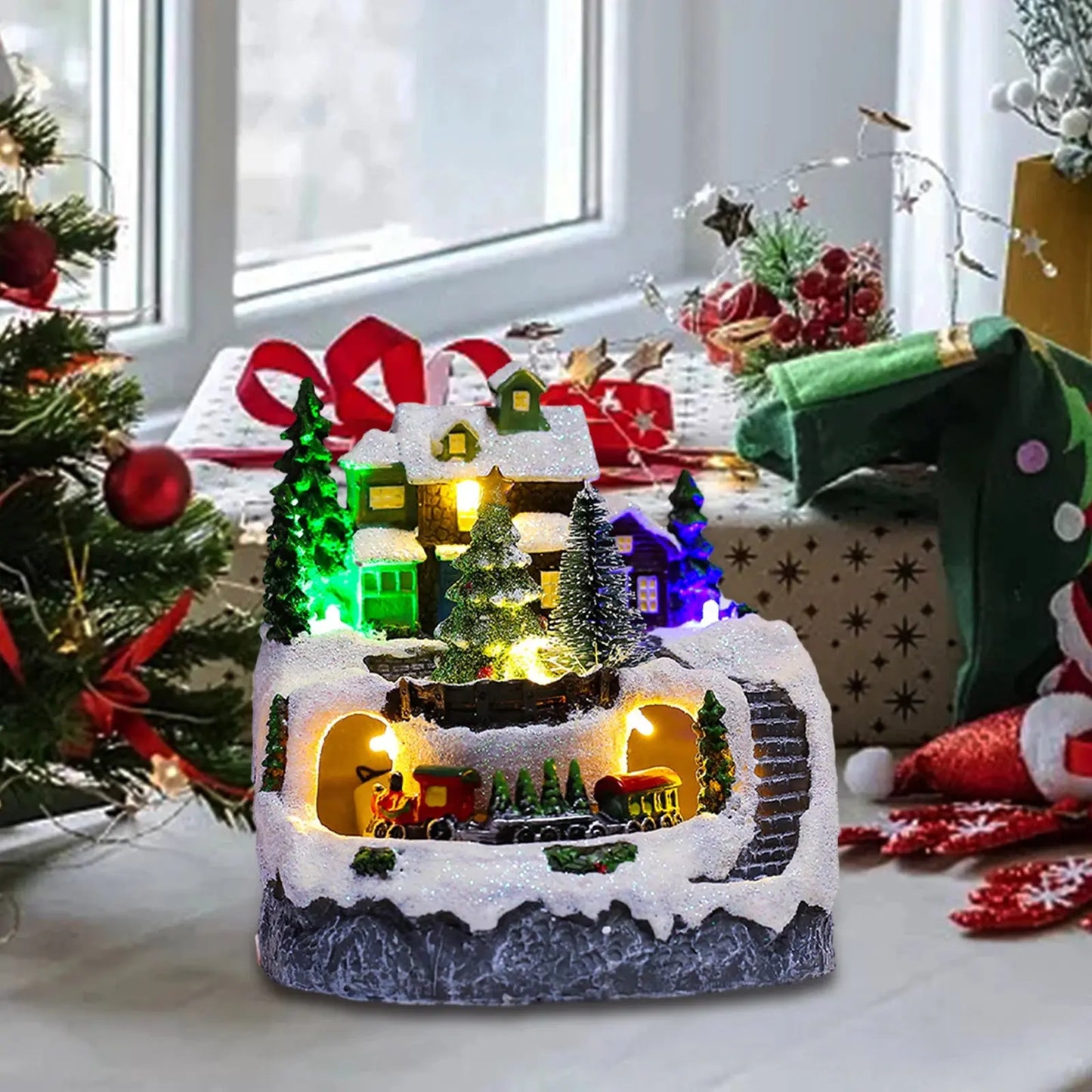 Christmas Village House Snow Tree Scene Lights Up Holiday Decoration Resin Collection for Living Room Restaurant Festival Good Vibrations