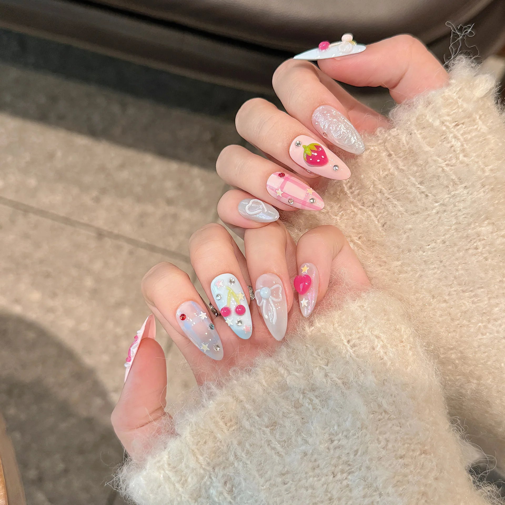 Handmade Press on Nails Ins Sweet Pink Blue Color Fake Nails for Girls Wearable 3D Cherry Love Star Korean Cute False Nail Tips Good Vibrations