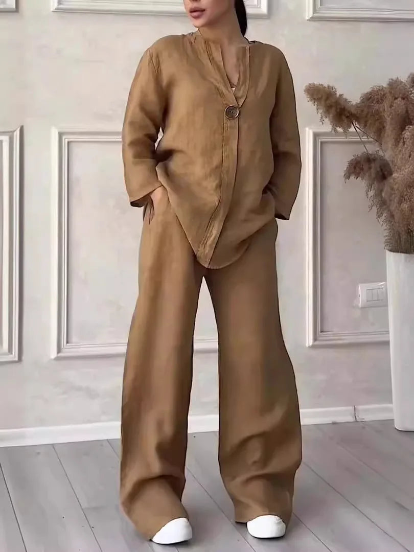 Muslim Sets Women 2 Piece Suit Shirt Wide Leg Pants Outfits 2025 Ensemble Button Lace Up Elastic Waist Blouse Straight Trousers Good Vibrations