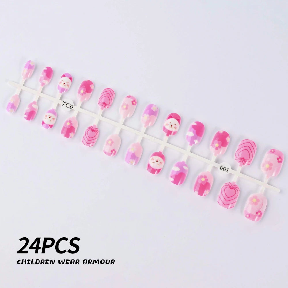 24Pcs/Strip Pink Detachable Child False Nails Tip Kawaii Cartoon Strawberry Acrylic Artificial Full Cover Press On Nail for Girl Good Vibrations