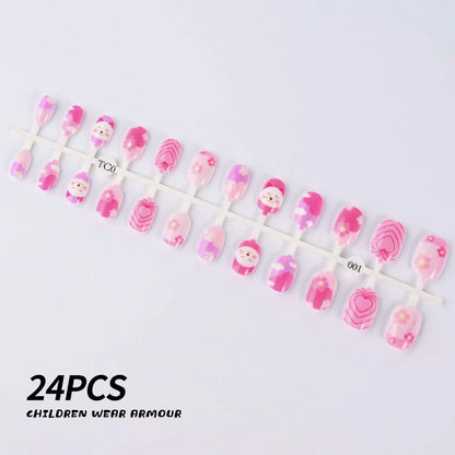 24Pcs/Strip Pink Detachable Child False Nails Tip Kawaii Cartoon Strawberry Acrylic Artificial Full Cover Press On Nail for Girl Good Vibrations