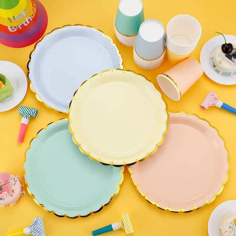 80 Pcs 9 In Pastel Scalloped Paper Plates Dessert Plates 9 Oz Disposable Paper Cup With Metallic Gold Border Pastel Cup Good Vibrations
