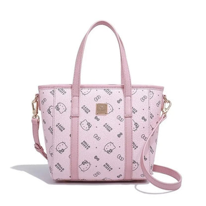 Pink Hello Kitty handbag for women with tote and crossbody design, nylon material, synthetic leather lining, and interior pockets.