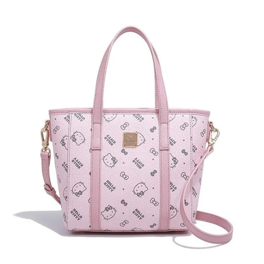 Pink Hello Kitty handbag for women with tote and crossbody design, nylon material, synthetic leather lining, and interior pockets.