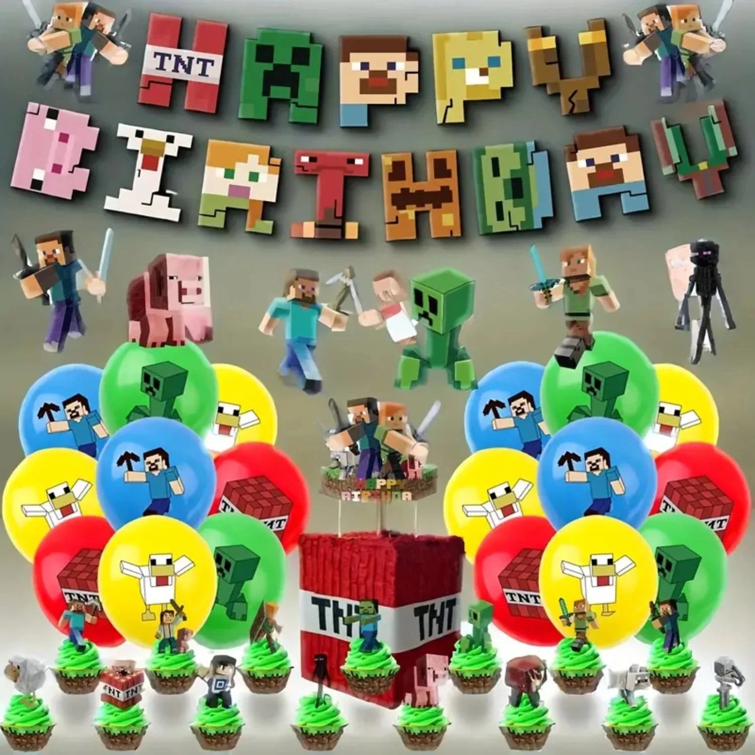 Blocky Game Birthday Party Decoration Set Pixel War Banner Balloons and Tablecloth Combination Birthday Party Festival Supplies Good Vibrations