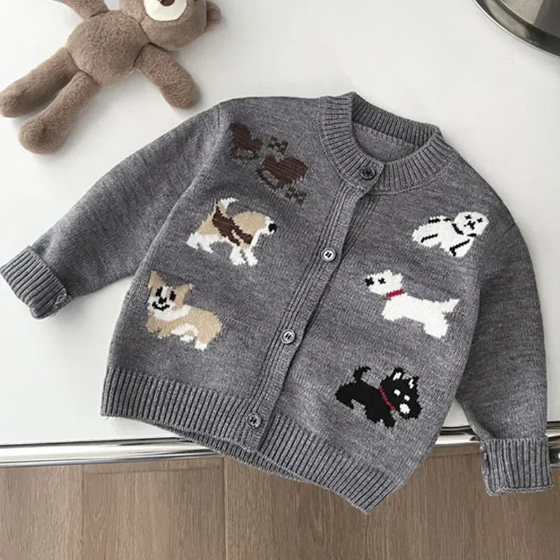 Children's Round Neck Sweaters Autumn New Dog Pattern Baby Clothings Japanese and Korean Grey Knitted Sweaters Cute Top Cardigan Good Vibrations