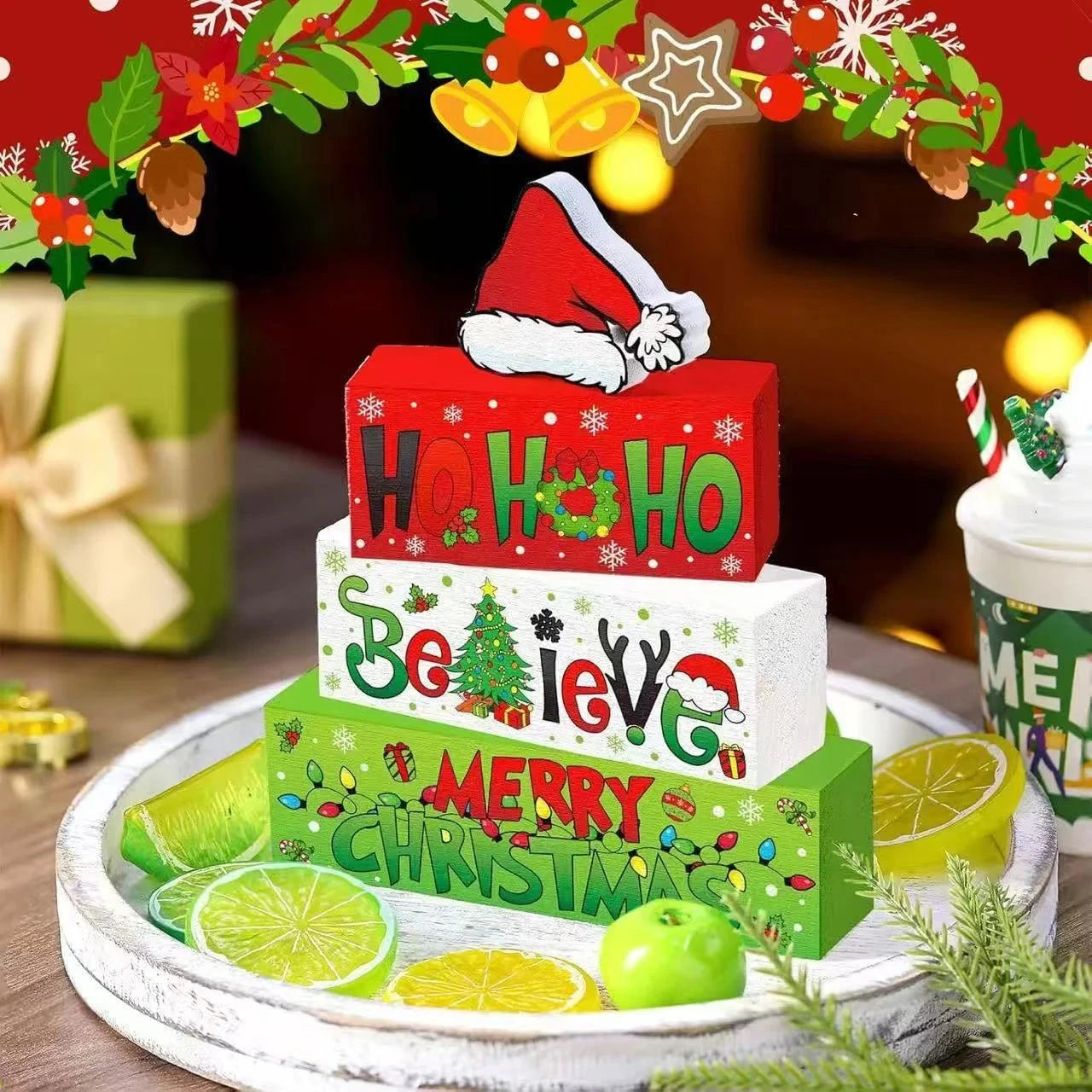 Christmas Tiered Tray Decor Wooden Table Centerpiece Merry Christmas Xmas/Gingerbread/Truck/Pink&Red Hohoho Chirstmas Family Gat Good Vibrations