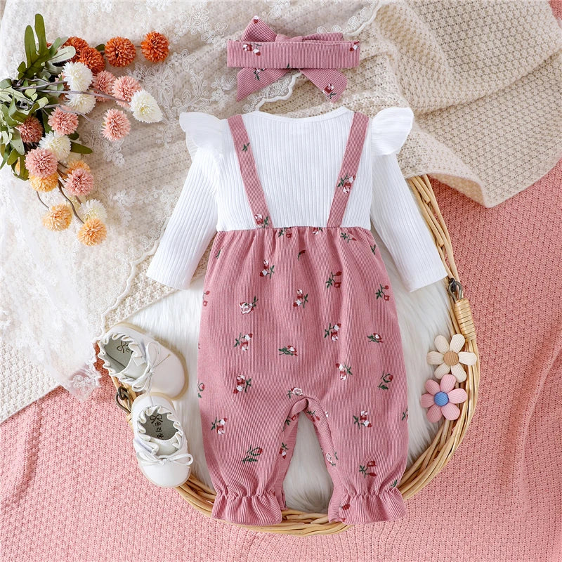New Autumn Newborn Baby Girls Long Sleeve Romper Floral Print Fake Two Pieces Patchwork Bow Jumpsuits and Cute Headband Set Good Vibrations