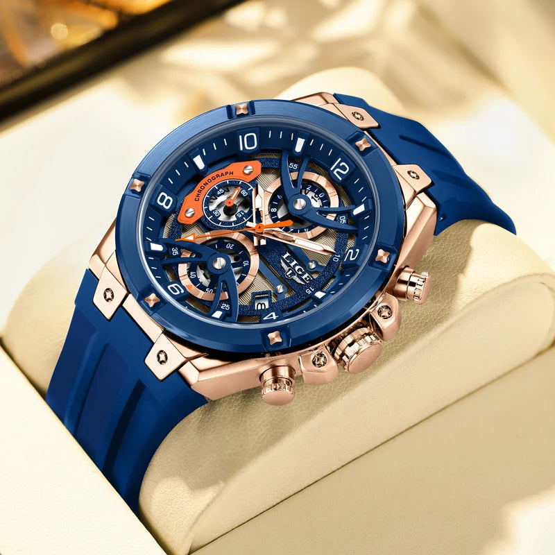 LIGE Luxury Military Men Watch Waterproof Luminous Date Sport Man Wristwatch Chronograph Silicone Strap Quartz Men's Watches Good Vibrations