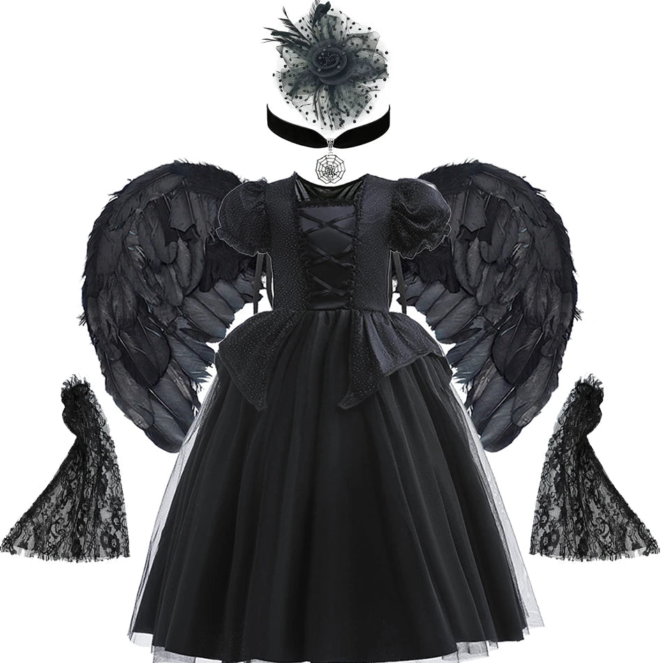 Halloween Costume For Kids Black Witch Dress Luxury Lace Sequin Evil Role Playing Costume Maleficent Dress Up Outfit Ghost Bride Good Vibrations