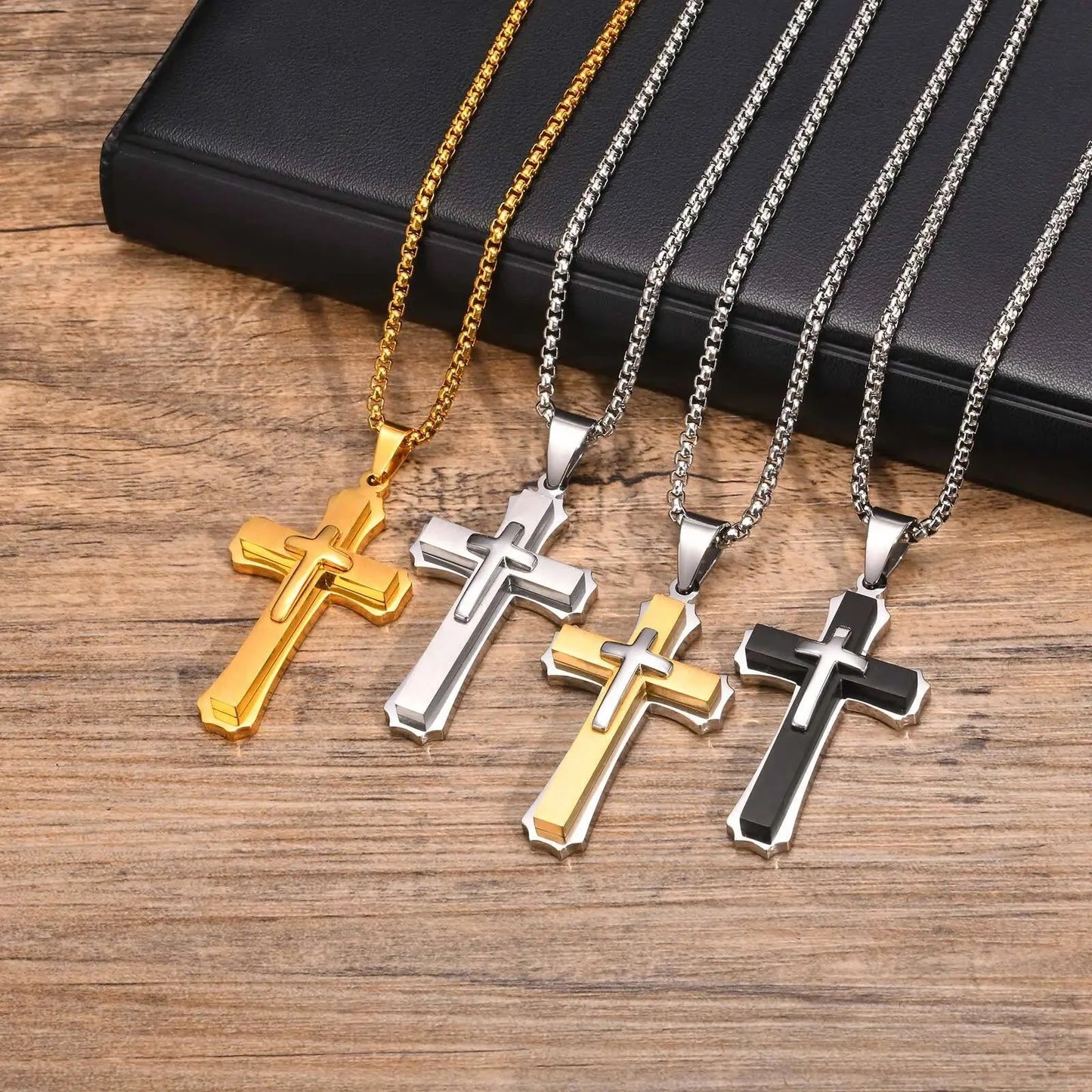3D Cross Pendant Necklaces for Men Boys,Black Gold Color Stainless Steel Cross Necklace,Hiphop Punk Party Gift Good Vibrations