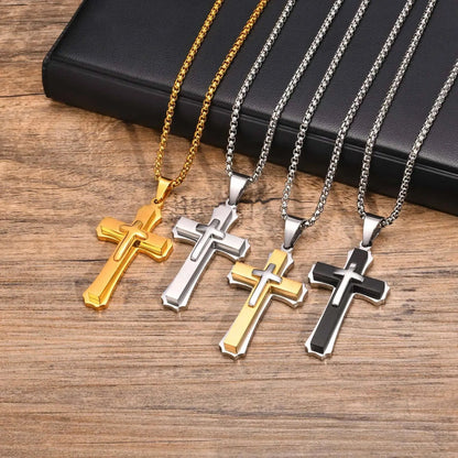 3D Cross Pendant Necklaces for Men Boys,Black Gold Color Stainless Steel Cross Necklace,Hiphop Punk Party Gift Good Vibrations