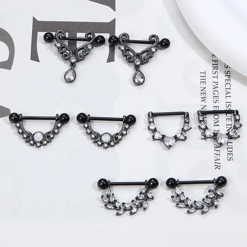 4 pairs of 14G women's nipple rings 316L stainless steel heart-shaped teardrop Moon Star opal leaf CZ barbell nipple rings Good Vibrations