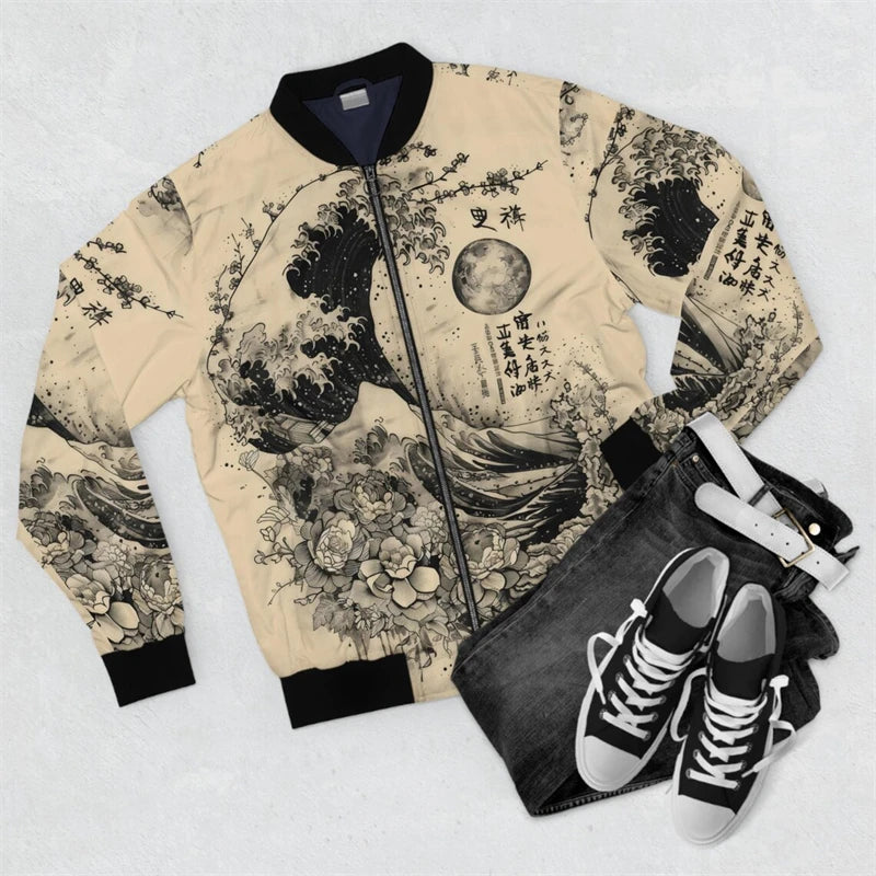 Harjauku Japanese Style Graffiti Art Men's Oversized 3D Jacket Sportswear Autumn Long Sleeve Zipper Sweater Baseball Jackets GYM Good Vibrations