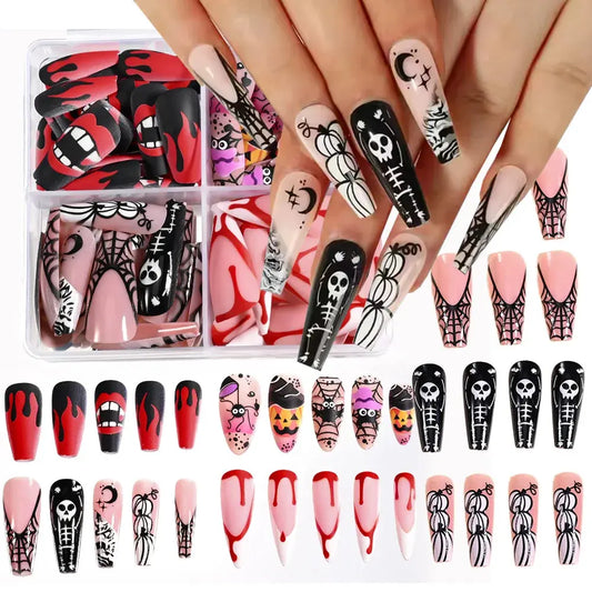 96Pcs Halloween Press on Nails Almond & Coffin Blood Red Nails with Skeleton Fake Nails Design Full Cover Artificial False Nails Good Vibrations