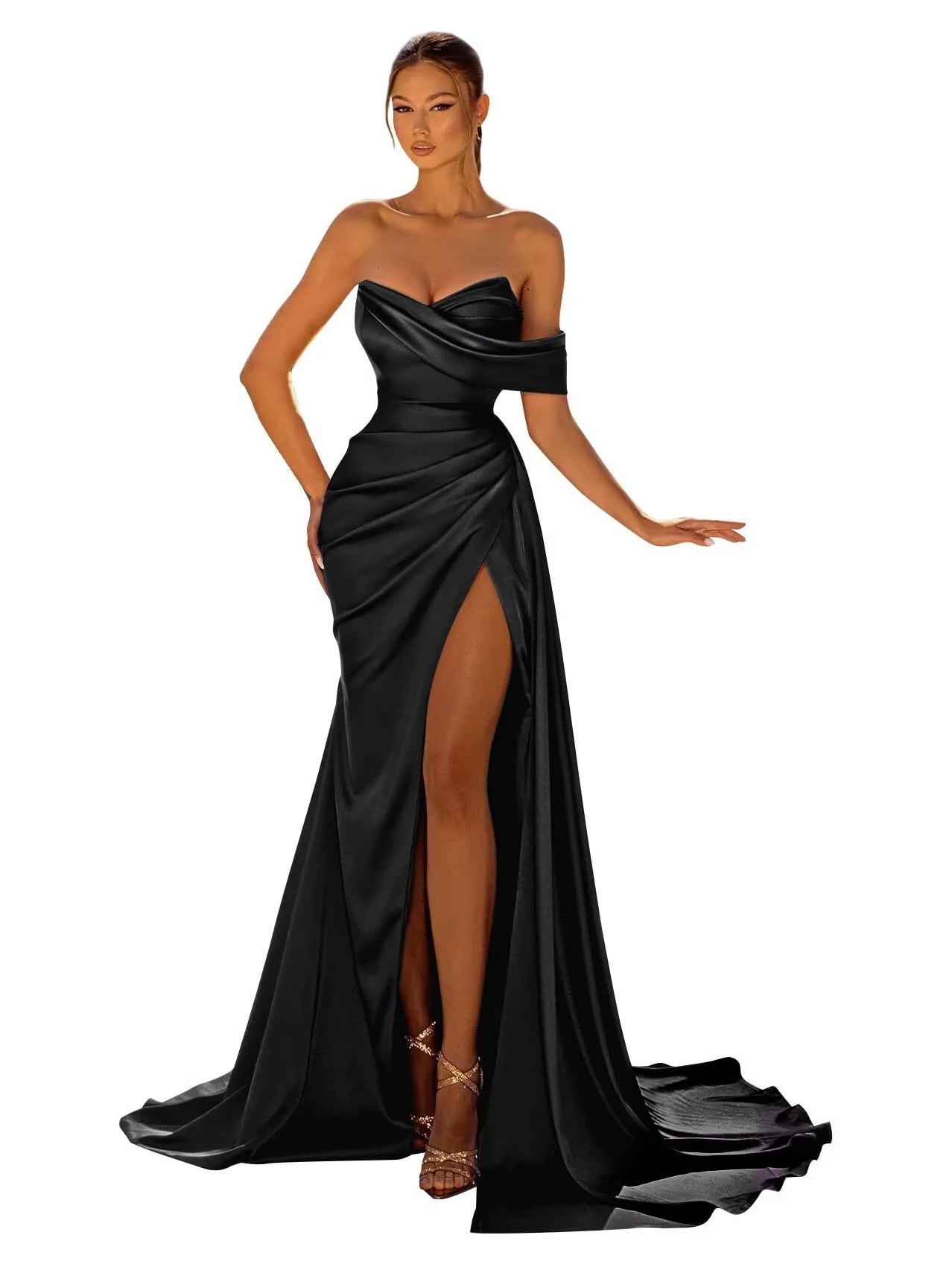 Long Mermaid Prom Dresses Satin with Slit Strapless Sweep Train Cocktail Party Formal Evening Gown robe de soiree Good Vibrations
