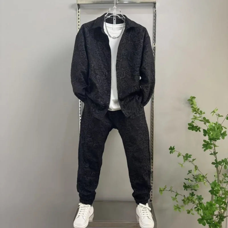 2025 New Men's casual fashion two-piece pants set, sporty lapel jacquard shirt, long-sleeved spring and autumn set Good Vibrations