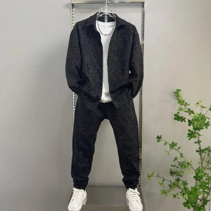 2025 New Men's casual fashion two-piece pants set, sporty lapel jacquard shirt, long-sleeved spring and autumn set Good Vibrations