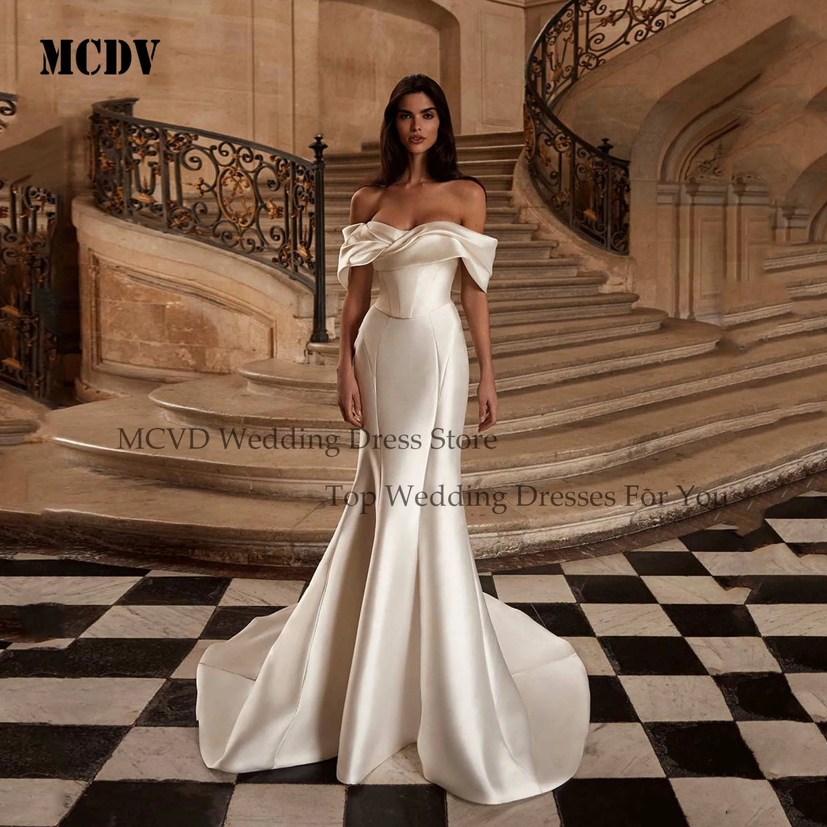 Satin Off Shoulder Wedding Dress Pleat Strapless Mermaid Bride Gown Detachable Train Vestido De noivas para casamento Customized Good Vibrations