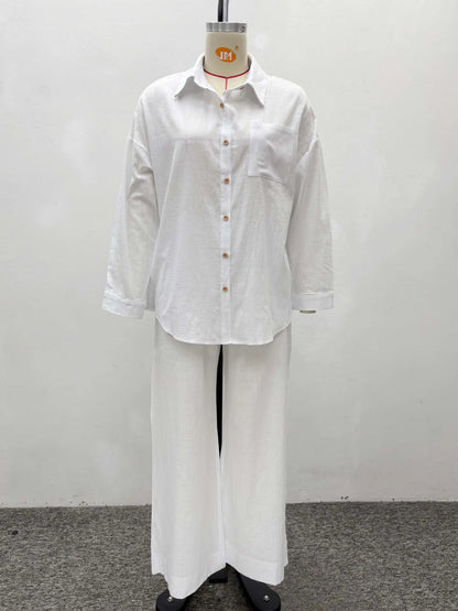 Two Piece Sets Pant Set Women Turn Down Collar White Work Shirt Casual Loose Wide Leg Long Pants High Waist Y2k Streetwear 2025 Good Vibrations