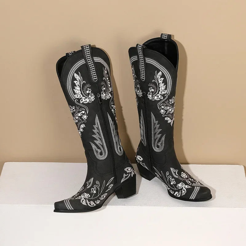 Western Cowboy Knee High Boots for Women Embroidery Flower Rhinestone White Brown Round Toe High Heels Retro Cowgirl Long Boots Good Vibrations