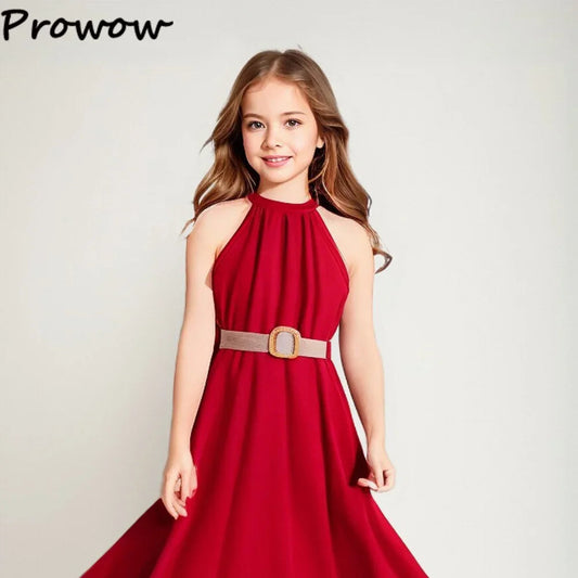 Prowow Girls Party Dresses Sleeveless Belted Halter Neck Hem Dress Holiday Beach Children's Clothing Teenagers Dress For Girls Good Vibrations