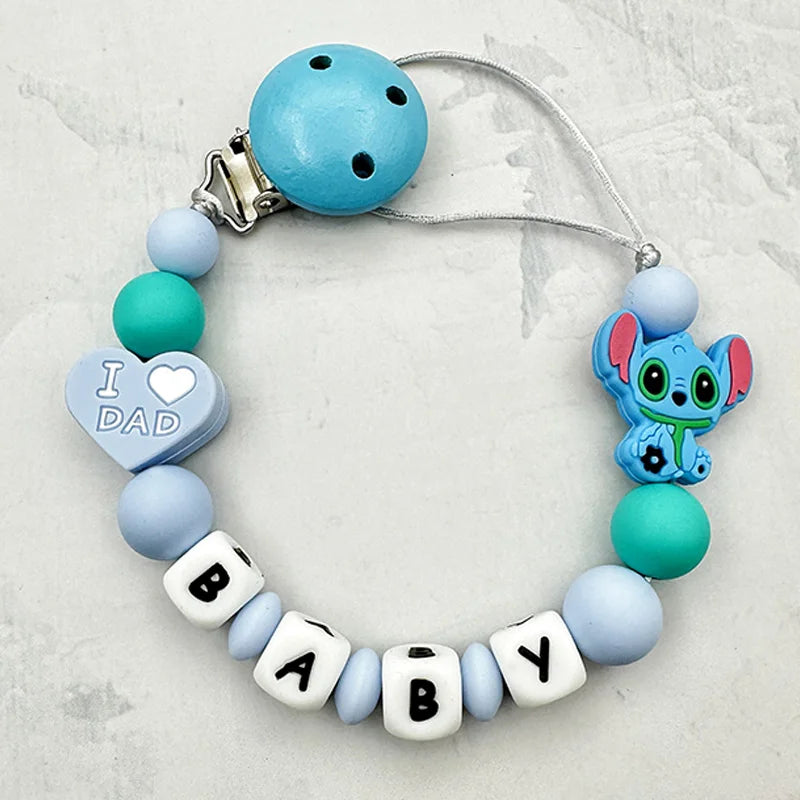 Personalized English Letters Baby Silicone Cartoon Disne Pacifier Clips Chains Holder Teether Pendants Teething Kawaii Baby Gift Good Vibrations