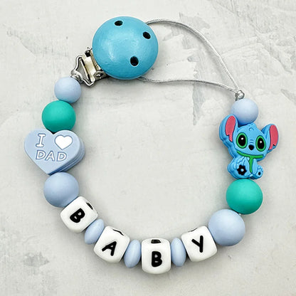 Personalized English Letters Baby Silicone Cartoon Disne Pacifier Clips Chains Holder Teether Pendants Teething Kawaii Baby Gift Good Vibrations