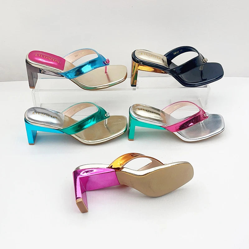 New Summer Style European and American Style Thong Sandals - Fashionable Women's Square Toe Plus Size Chunky High Heel Slippers Good Vibrations