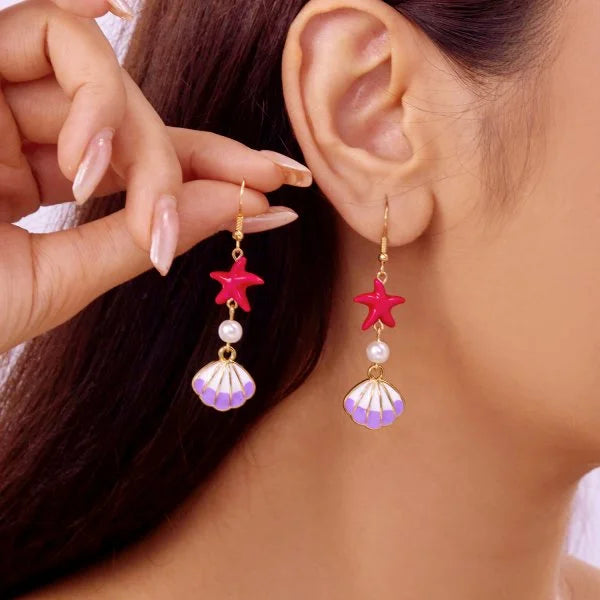 Fashion Asymmetric Ocean Style Earrings Stud  For Women Starfish Shell Earring Ear Ring Imitation Pearl Zircon Jewelry Gift Good Vibrations