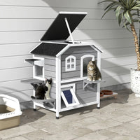 2-Story Grey Wooden Playhouse for Cats Feral Cat Shelter with Openable Asphalt Roof 4 Platforms Escape Door Outdoor Kitten Condo Good Vibrations