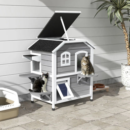 2-Story Grey Wooden Playhouse for Cats Feral Cat Shelter with Openable Asphalt Roof 4 Platforms Escape Door Outdoor Kitten Condo Good Vibrations