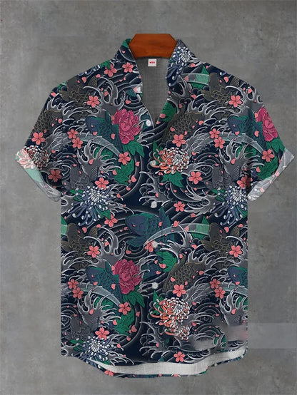 Hawaiian linen shirt men's 3D printed summer loose fit Hawaiian top casual short sleeved lapel shirt men's style Good Vibrations