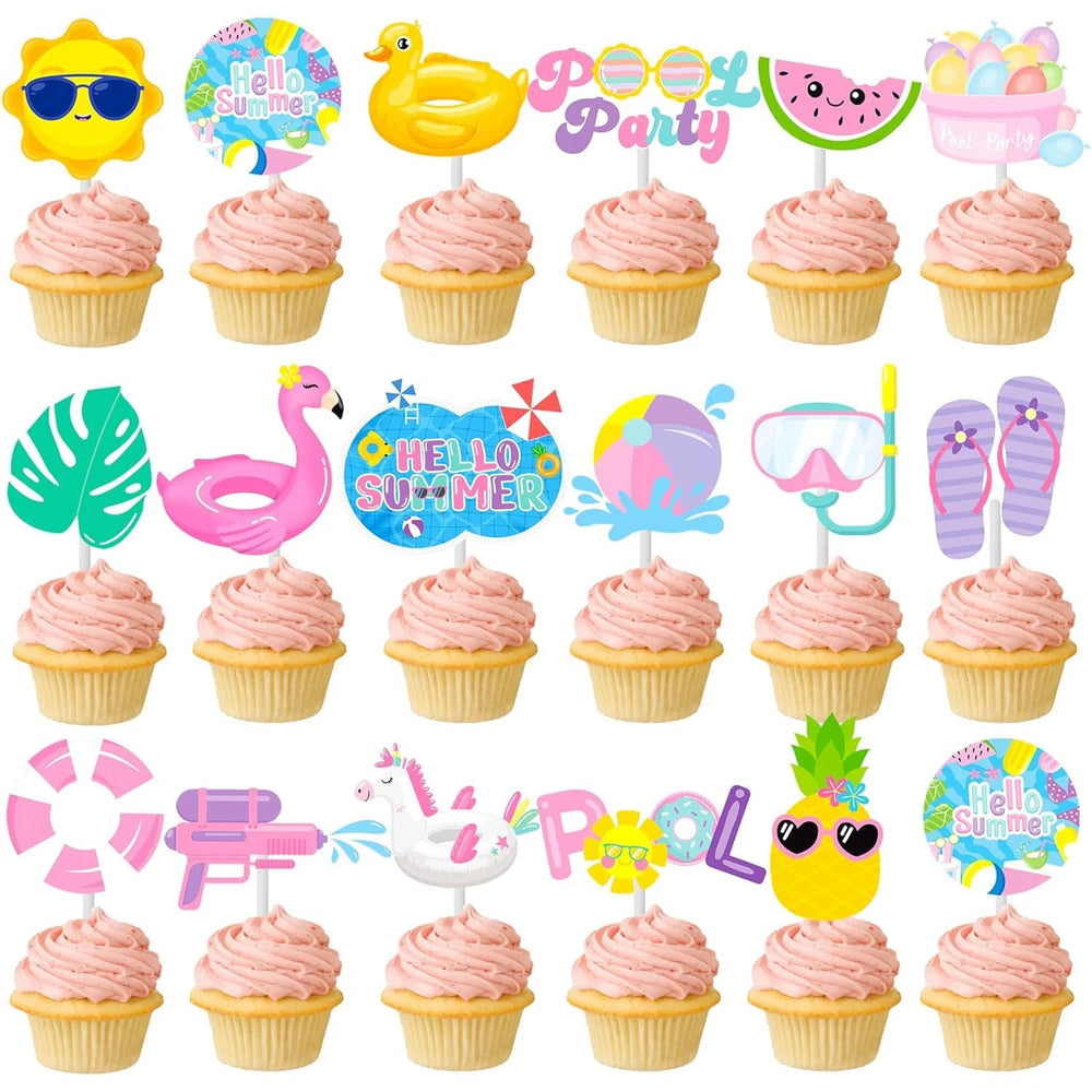 Summer Cupcake Toppers - Pool Party Decorations - Water Themed Birthday Cake Picks for Swimming Baby Shower Good Vibrations