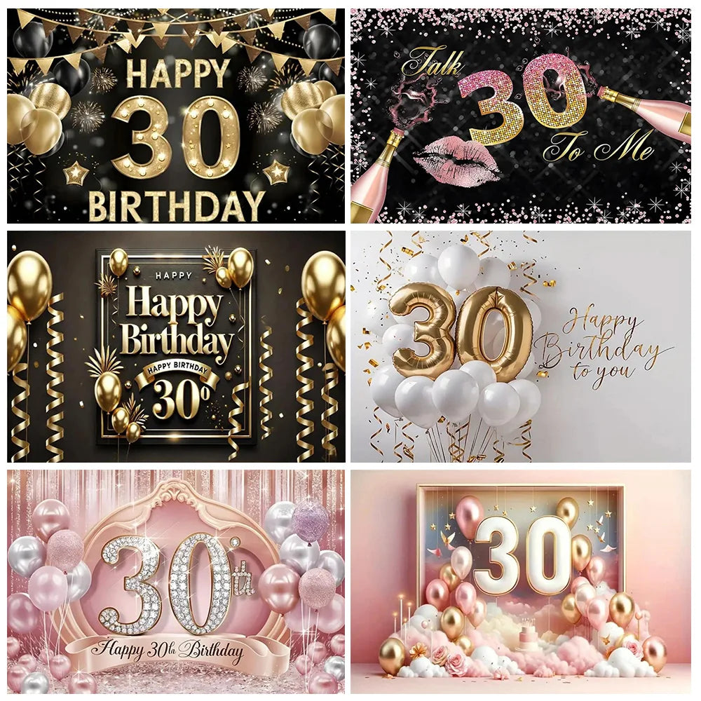 30th Birthday Party Decor Background Pink Black Gold Glitter Woman Man 30 Years Old Photography Backdrop Supplies Adult Gifts Good Vibrations