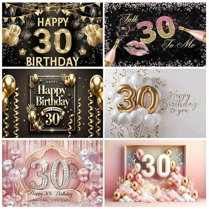 30th Birthday Party Decor Background Pink Black Gold Glitter Woman Man 30 Years Old Photography Backdrop Supplies Adult Gifts Good Vibrations