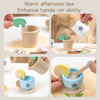 Wooden Kitchen Play Toys Kitchen Simulation Tea Set Afternoon Tea Activity Games Pretend Play Kitchen Accessories Toy for Kids Good Vibrations