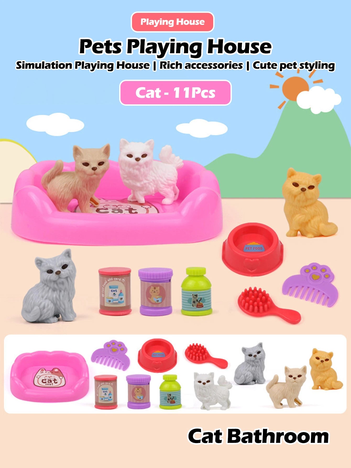 Mini doll pet accessory set, children's playhouse toy pet set, cat and dog bath, park, scene set, birthday and Christmas gifts Good Vibrations