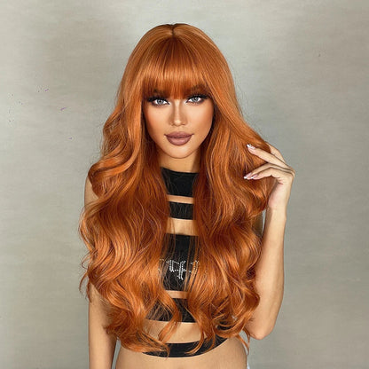Ginger Orange Synthetic Wigs for Black Women Long Wavy Wigs with Bangs Cosplay Colored Hair Heat Resistant Body Wave Party Wig Good Vibrations