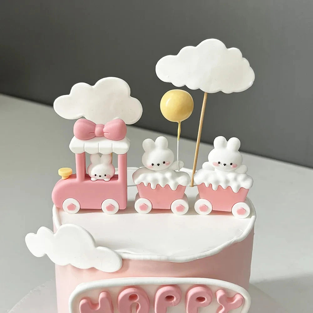 Bunny Train Cake Topper Pink Rabbit Girls Theme Decoration Princess Girl's Years Old Cake Kids Happy 1st Birthday Party Supplies Good Vibrations