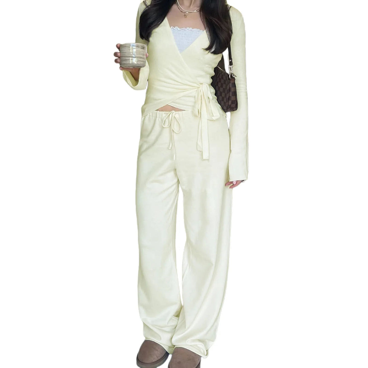 Women Fashion Lounge Set Vintage 2 Piece Outfit V Neck Waist Tie T-shirt + Elastic Waist Pants Autumn Long Sleeve Crop Tops Good Vibrations