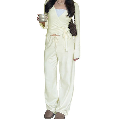 Women Fashion Lounge Set Vintage 2 Piece Outfit V Neck Waist Tie T-shirt + Elastic Waist Pants Autumn Long Sleeve Crop Tops Good Vibrations
