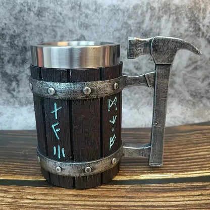 Viking Vintage Oak Barrel Beer Mug Stein with Stainless Steel Liner Coffee Cup Tea Mug Large Capacity Mug Pub Bar Party Gift Good Vibrations