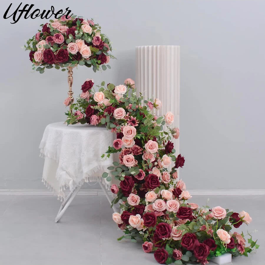 Uflower Red Rose Green Leaf Artificial Flowers Row Arrangement Wedding Table Center Flower ball Event Party Backdrop Decor Props Good Vibrations