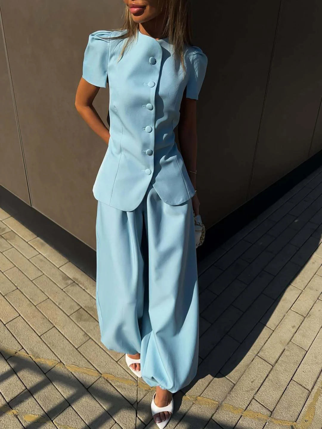 Womens 2 Piece Outfit Round Neck Puff Sleeve Fitted Blazer Top High Waist Wide Leg Pants Elegant Office Workwear White Suits Good Vibrations