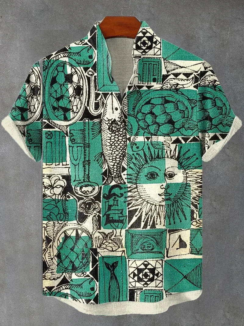 Men's Cat Graphics Shirts Short Sleeved Button Down Lapel Shirt For Summer Oversized Tops Vacation Casual Hawaiian Shirts Good Vibrations