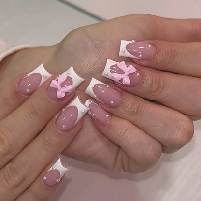 24Pcs Pink French Style Fake Nails 3D Bowknot Designs Short Square Press on Nails Sweet Korean Fashion False Nail for Women Girl Good Vibrations