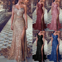 2025 Women's Wedding Party Dress Evening Elegant Sexy Deep V Neck One Shoulder Sleeveless Sequined Long Maxi Dresses For Women Good Vibrations