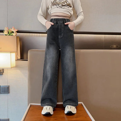 New 2024 Teenage Girls Blue Street Cartoon Print Elastic Mid Waist Loose Denim Jeans Spring Fashion Children Cute Wide Leg Pants Good Vibrations