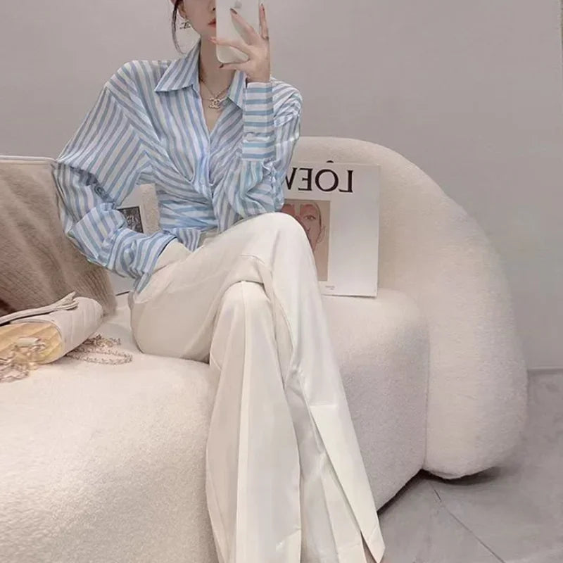 Women's Pants Two Piece Set Holiday Outfits Ladies Trouser Shirt Blue Blouse and Spring Autumn Stripe Aesthetic Groups of Co Ord Good Vibrations
